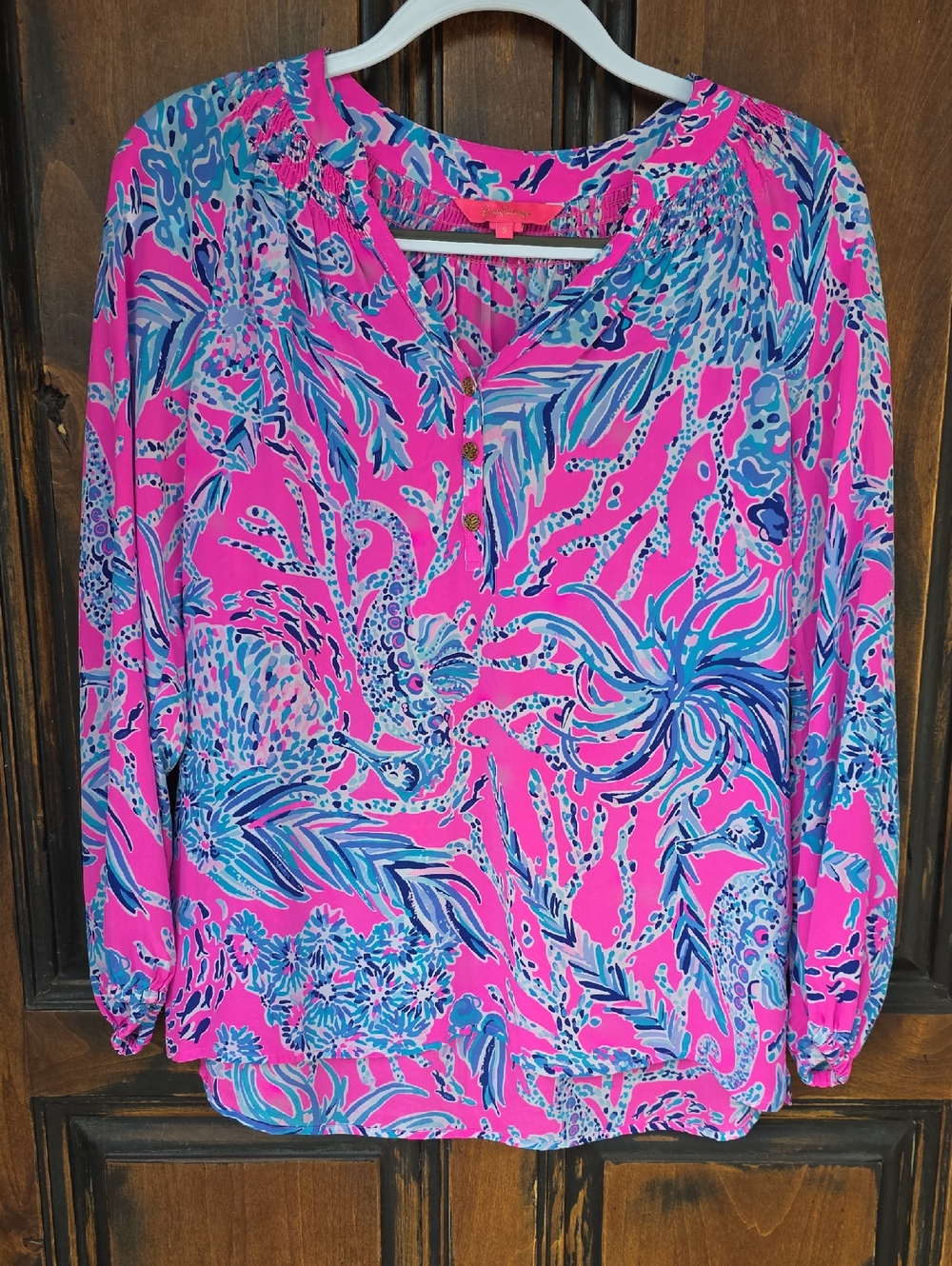Lilly Pulitzer Pink with Blue & Aqua Tropical Blouse